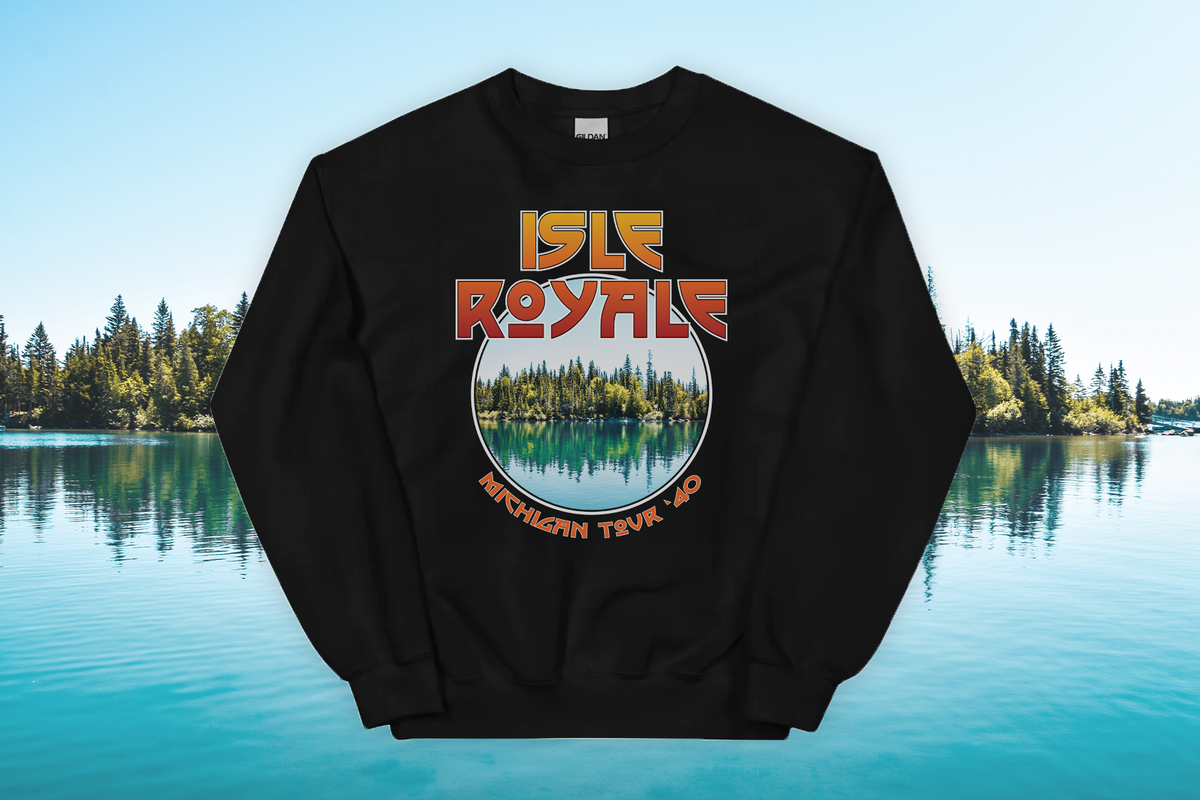 Black sweatshirt with 'Isle Royale Michigan' design on a lake background