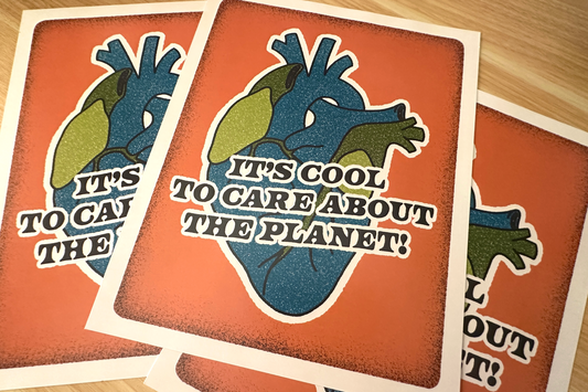 Art print with heart design and text about caring for the planet on an orange background.