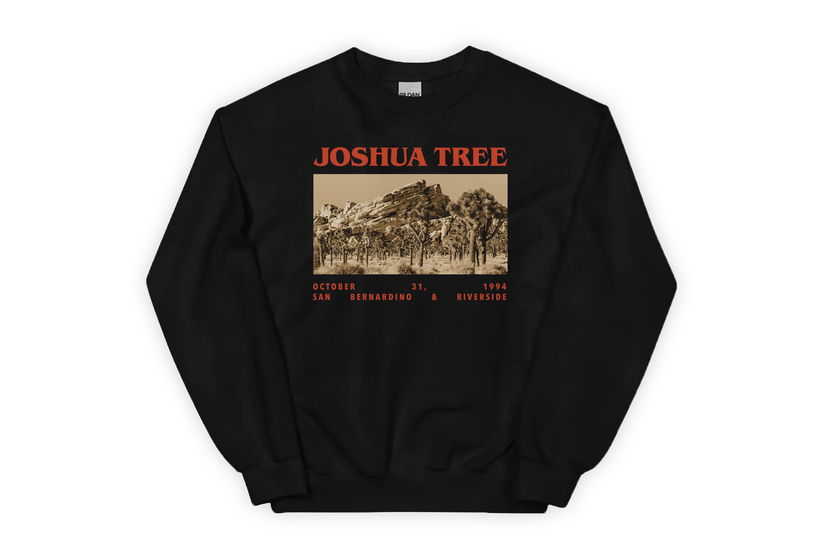 Black sweatshirt with 'Joshua Tree' graphic design on a white background