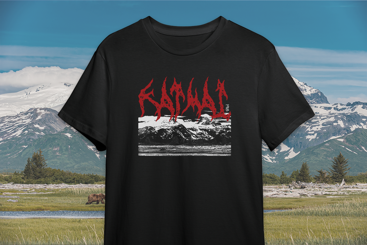 Black t-shirt with red 'Katmai' graphic design on a scenic background
