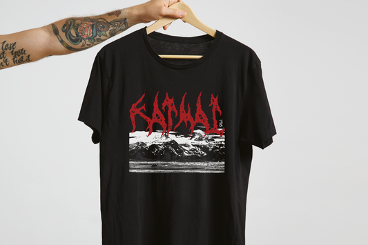 Black t-shirt with red and white 'Katmai' graphic design on a hanger against a light gray background