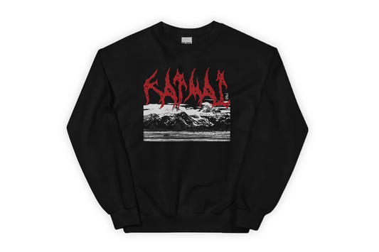 Black sweatshirt with 'Katmai' red and white graphic design on a white background