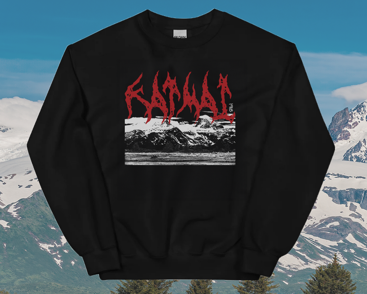 Black sweatshirt with the text 'KATMAI' printed in red over a grey scale image of a national park landscape