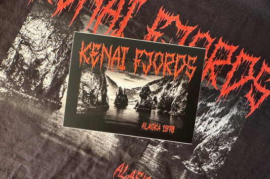 Kenai Fjords sticker on a black and white background.