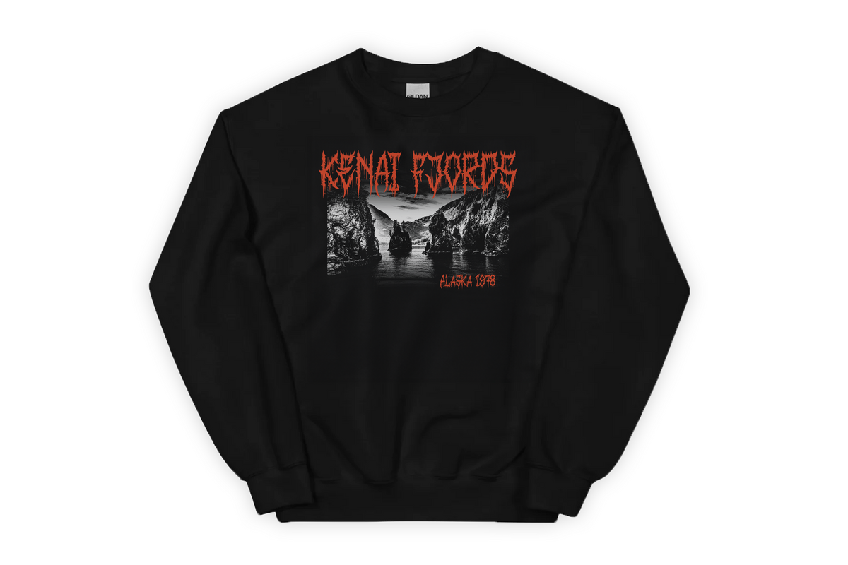 Black sweatshirt with 'Kenai Fjords' graphic design and text on a white background