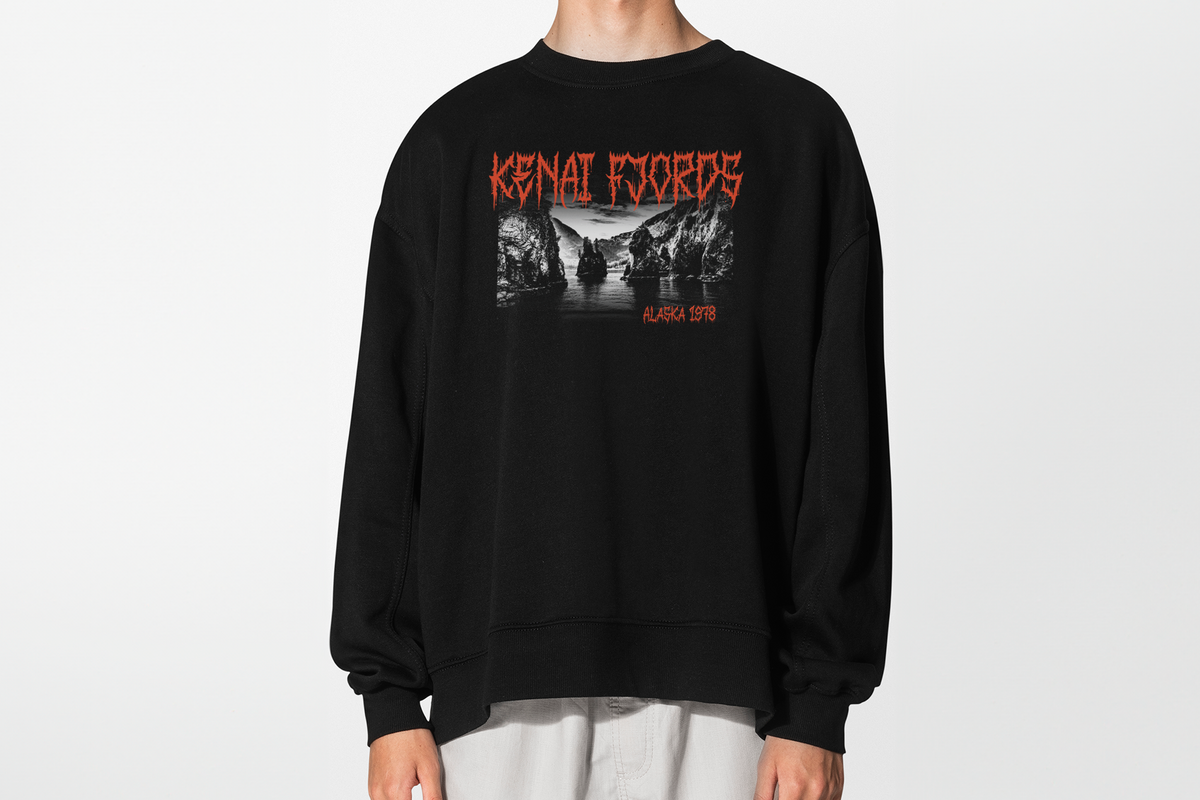 Black sweatshirt with 'Kenai Fjords' graphic design and text on a white background