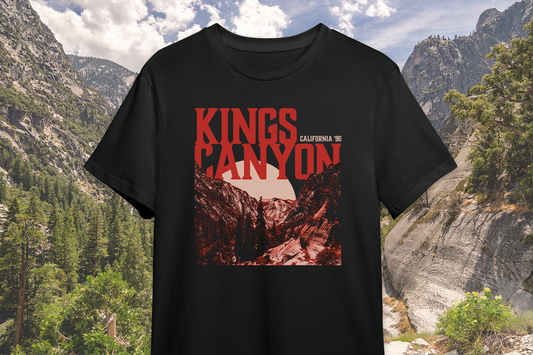 Black t-shirt with 'Kings Canyon California '80' design in a natural setting