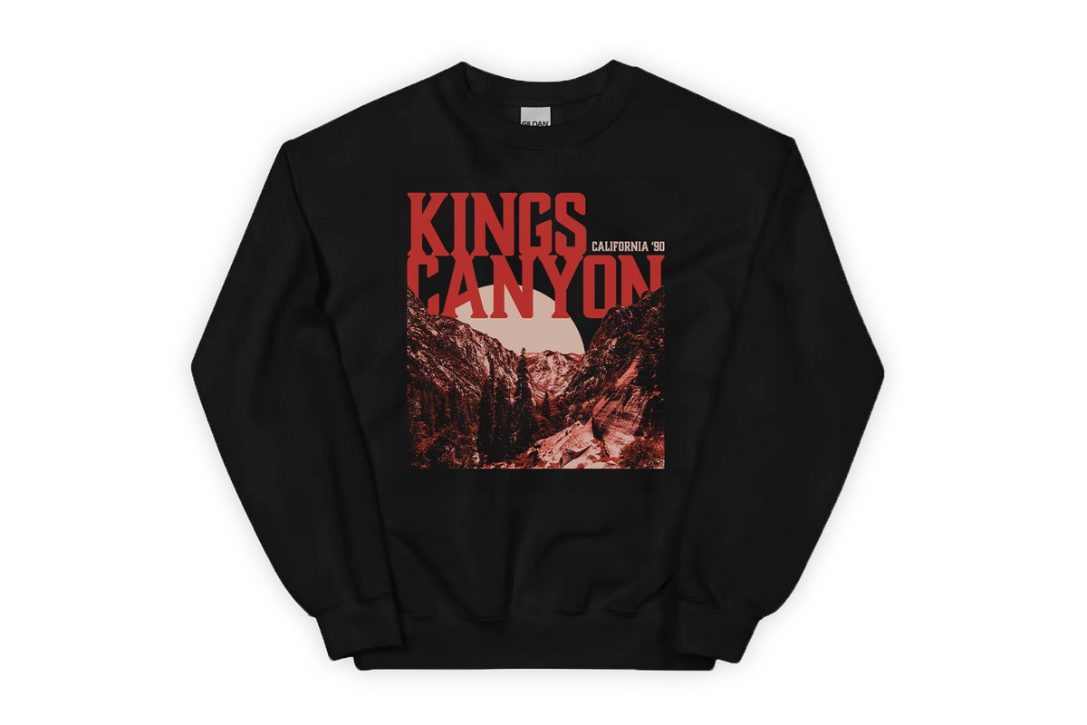 Black sweatshirt with 'Kings Canyon' graphic design on a white background