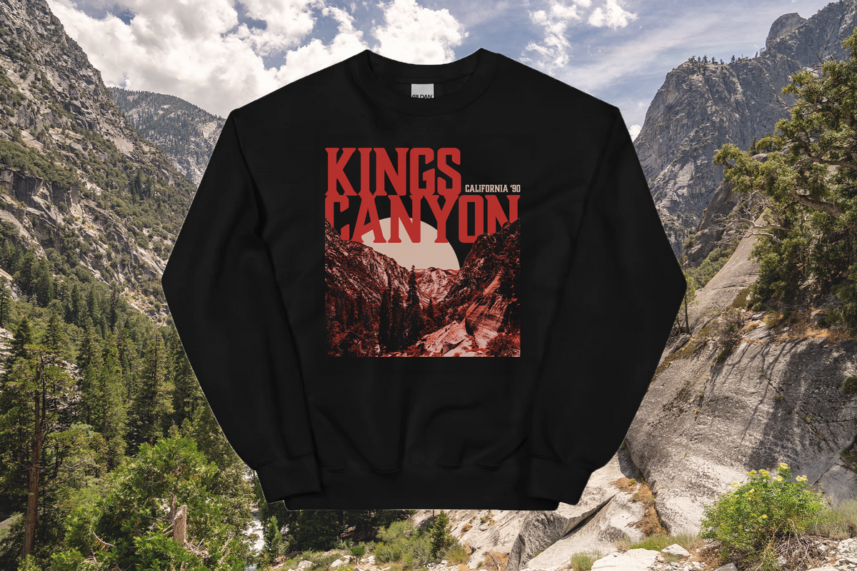 Black sweatshirt with 'Kings Canyon' graphic in a mountainous landscape