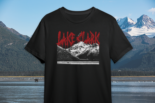 Black t-shirt with 'Lake Clark' graphic design against a mountainous landscape