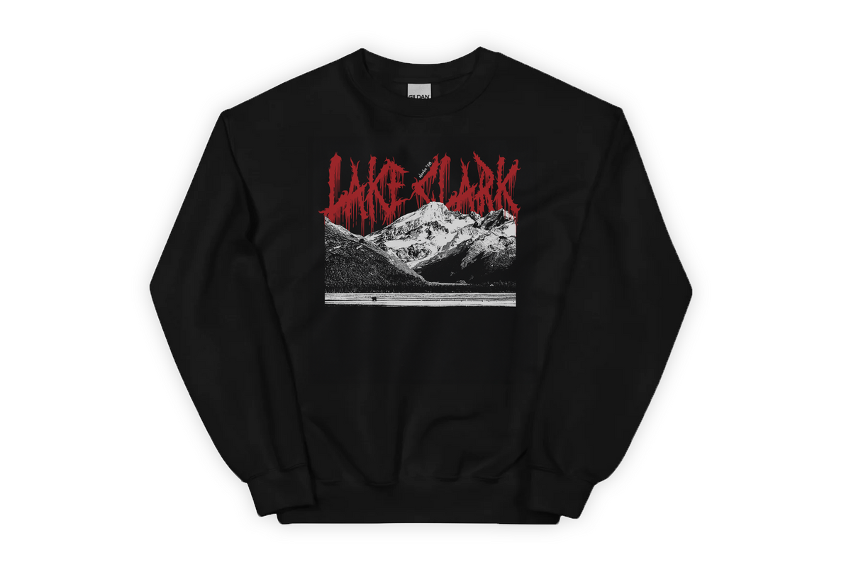 Black sweatshirt with 'Lake Clark' graphic design on a white background