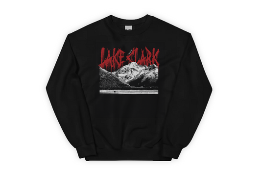 Black sweatshirt with 'Lake Clark' graphic design on a white background
