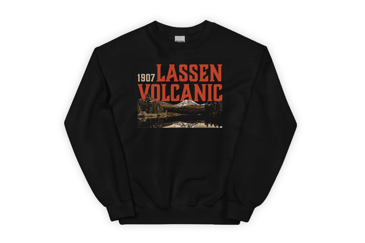 Black sweatshirt with 'Lassen Volcanic' graphic on a white background