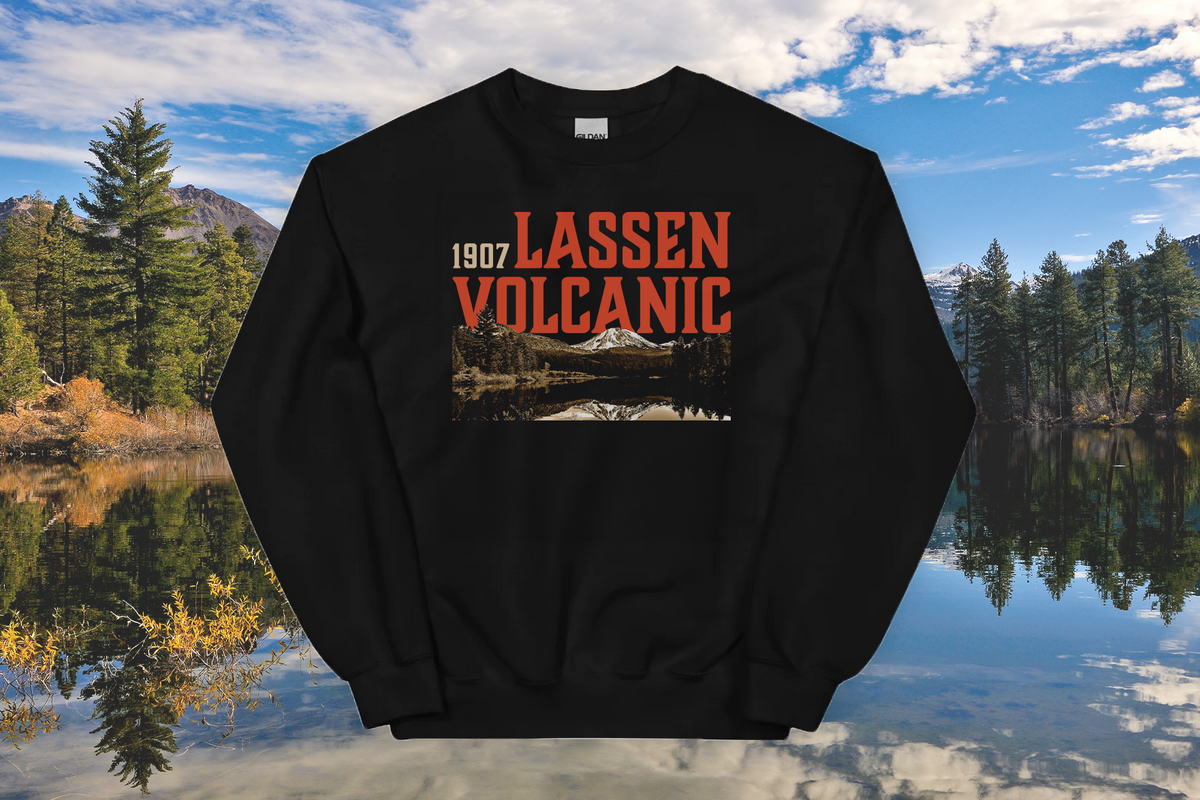 Black sweatshirt with 'Lassen Volcanic' text and graphic on a scenic background