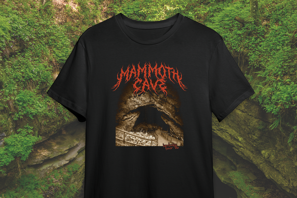 Black t-shirt with 'Mammoth Cave' design on a natural background