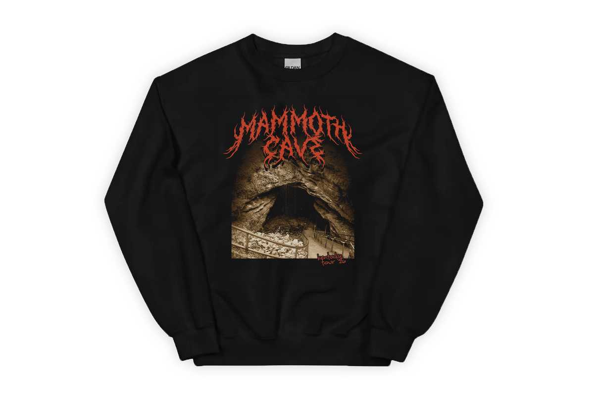 Black sweatshirt with 'Mammoth Cave' design on a white background