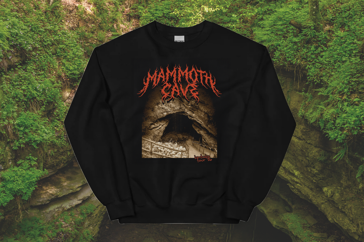 Black sweatshirt with 'Mammoth Cave' design in red and white on a natural background