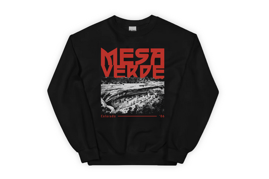 Black sweatshirt with 'Mesa Verde' red text and a graphic of Mesa Verde on a white background