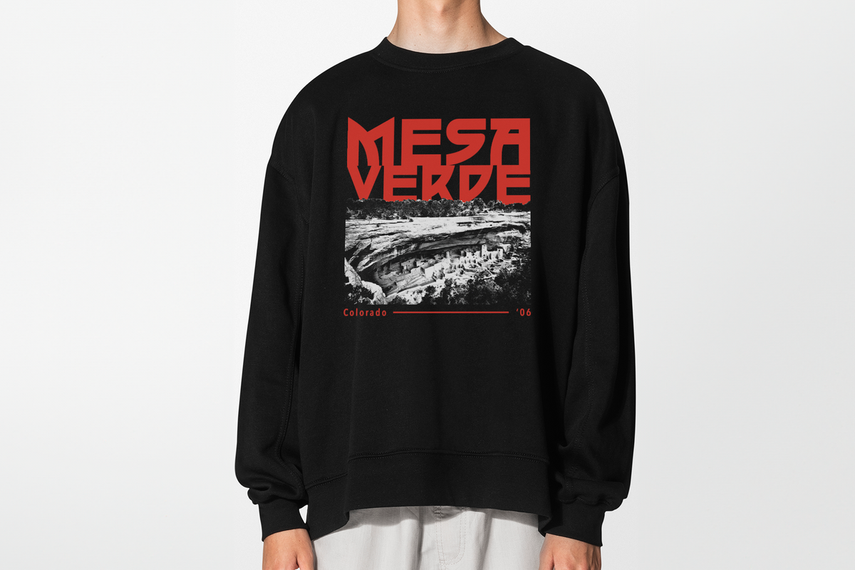 Black sweatshirt with red and white graphic design on a white background