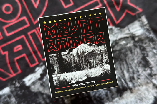 Sticker of Mount Rainier with mountain graphic and text on a textured background
