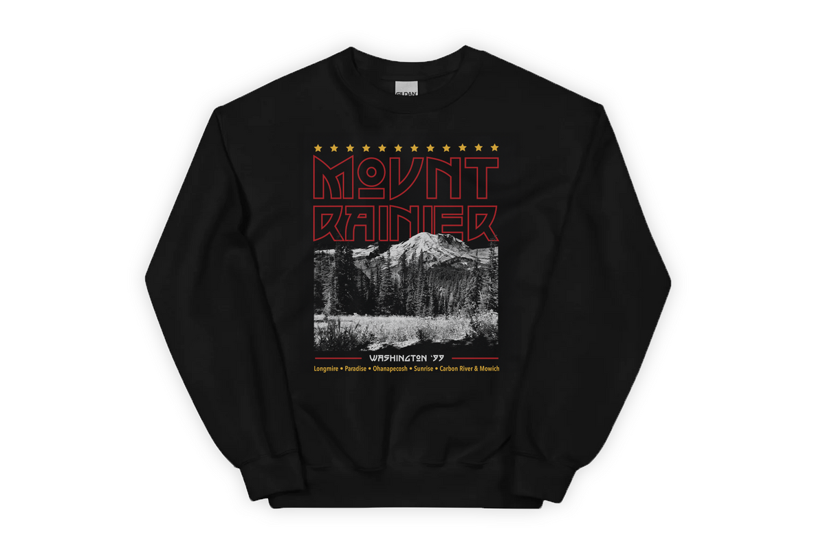 Black sweatshirt with Mount Rainier design on a white background