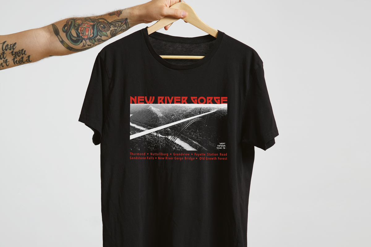 Black t-shirt with a 'New River Gorge' graphic design and text on a white background