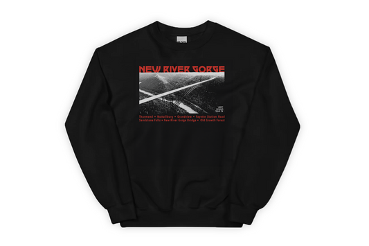 Black sweatshirt with a 'New River Gorge' graphic design and text on a white background