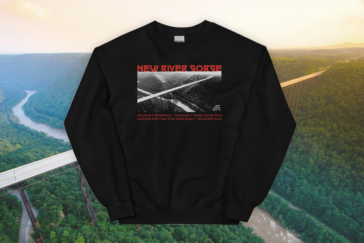 Black sweatshirt with a 'New River Gorge' graphic designt, set against a scenic background of a river and bridge.