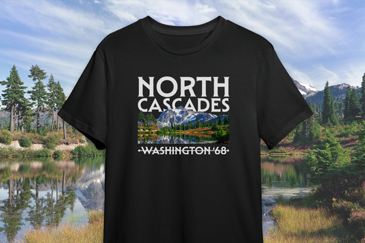 Black t-shirt with 'North Cascades' design on a scenic background