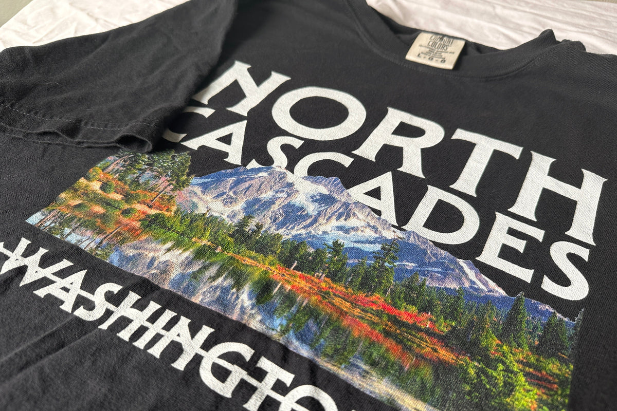 Black t-shirt with 'North Cascades' graphic design