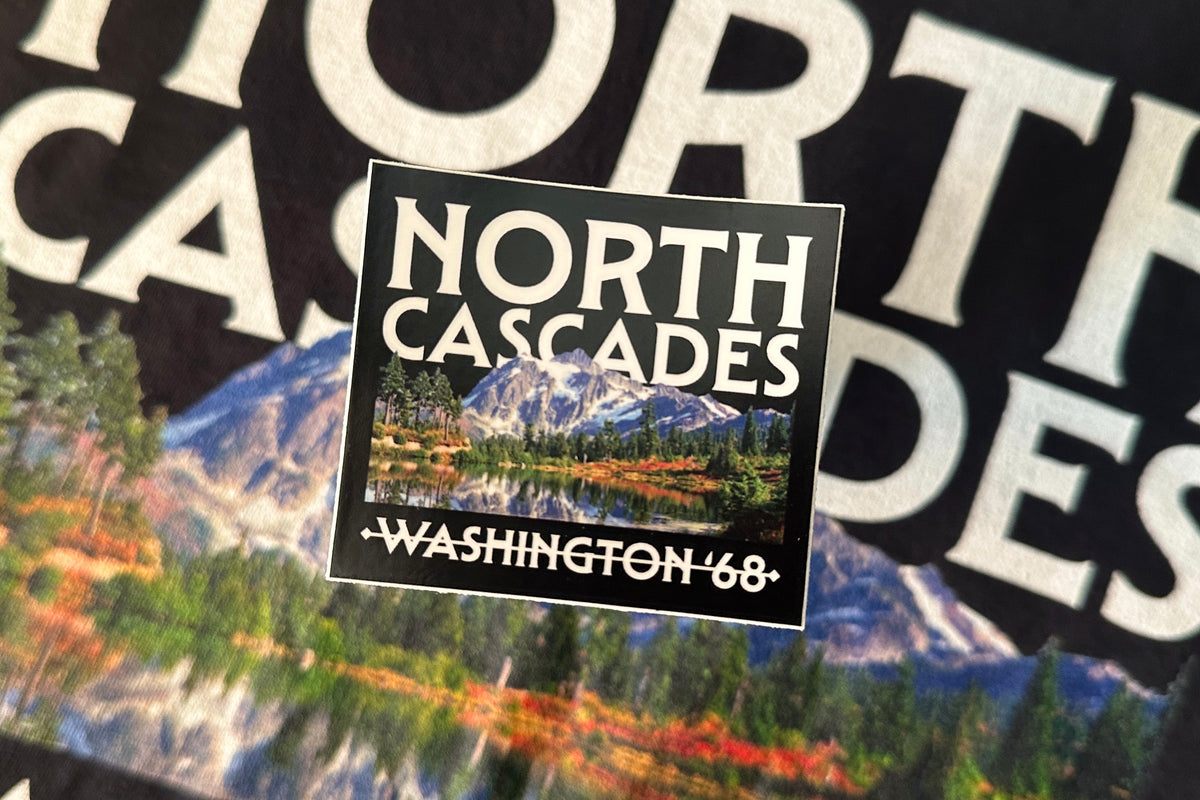 Sticker of North Cascades National Park with scenic design and text.
