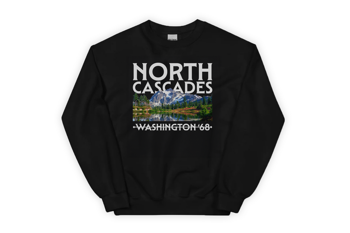Black sweatshirt with 'North Cascades' text and mountain graphic on a white background