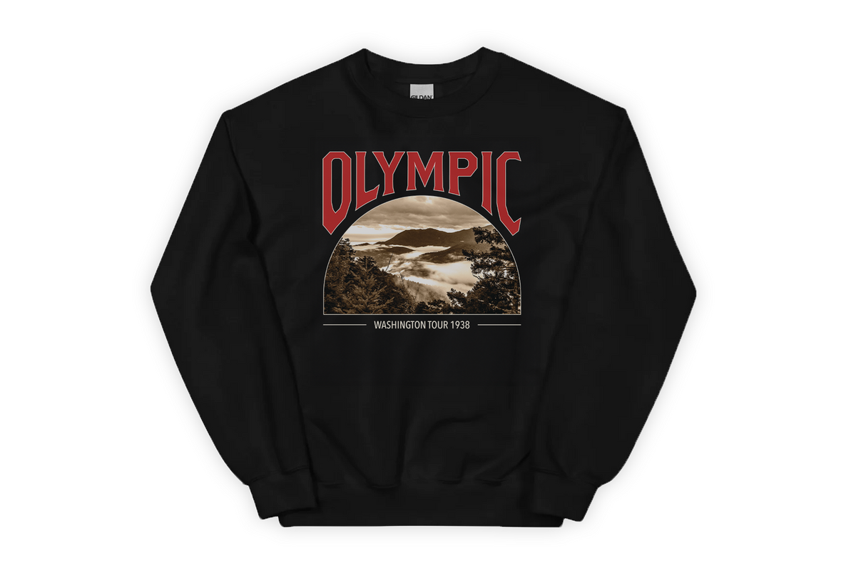 Black sweatshirt with 'Olympic' graphic design on a white background
