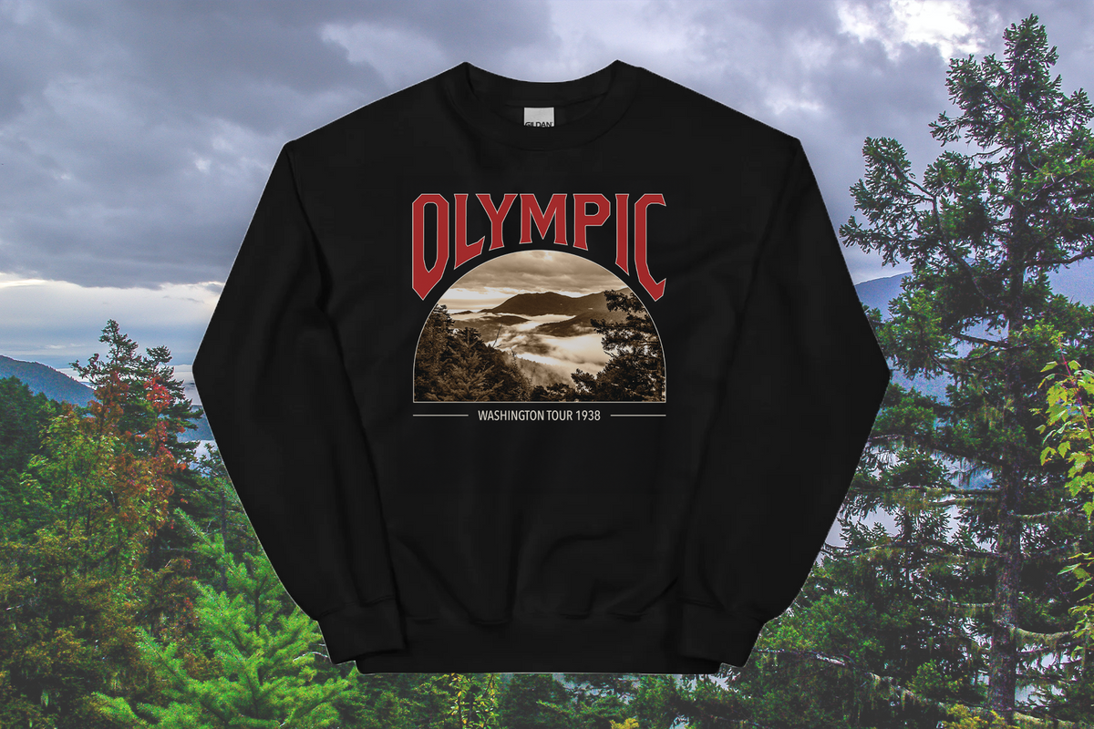 Black sweatshirt with Olympic design against a forest background