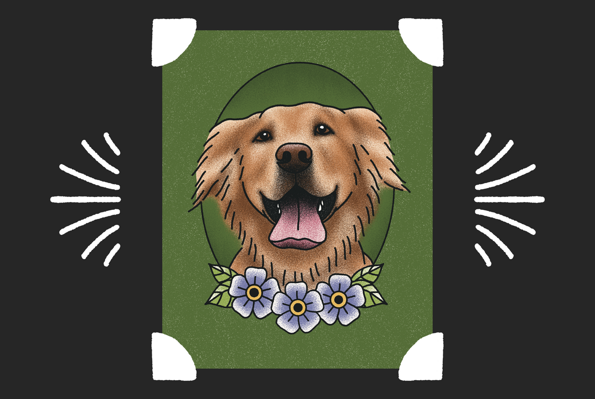 Illustration of a golden retriever with flowers on a green background