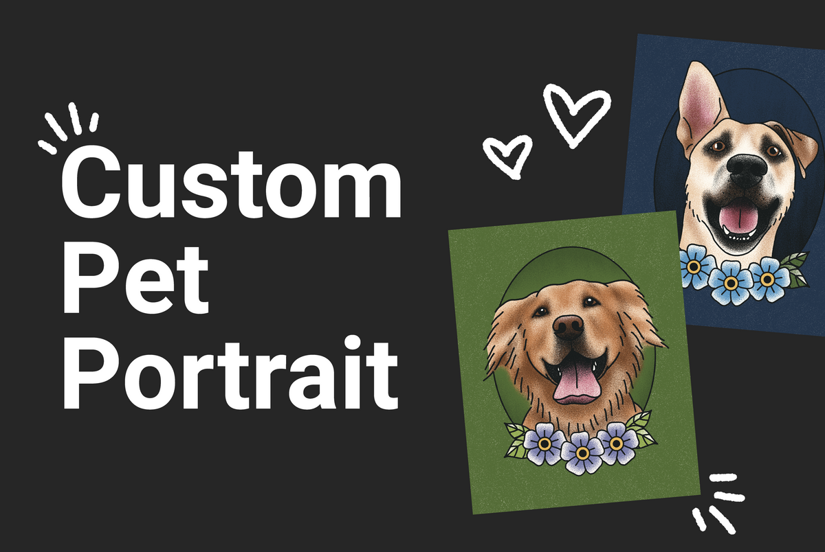 Custom pet portrait with a dog and text 'Custom Pet Portrait' on a black background.
