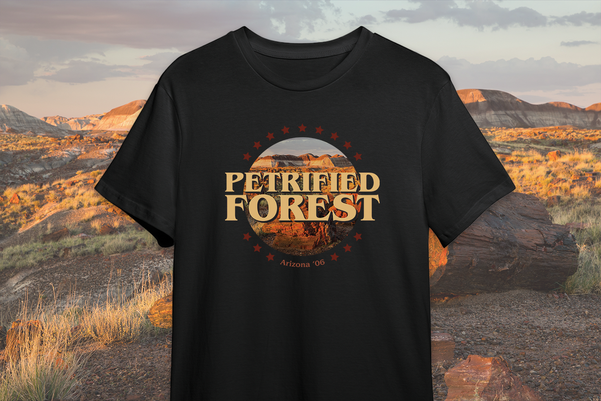 Black t-shirt with 'Petrified Forest' design in front of a desert landscape
