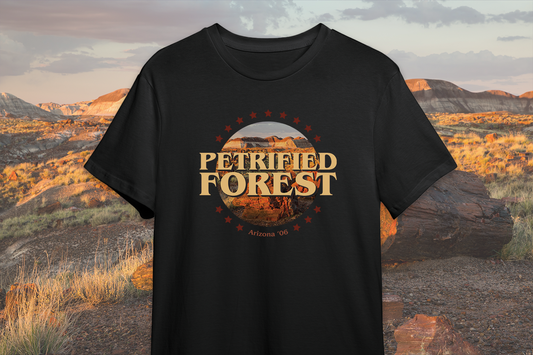 Black t-shirt with 'Petrified Forest' design in front of a desert landscape