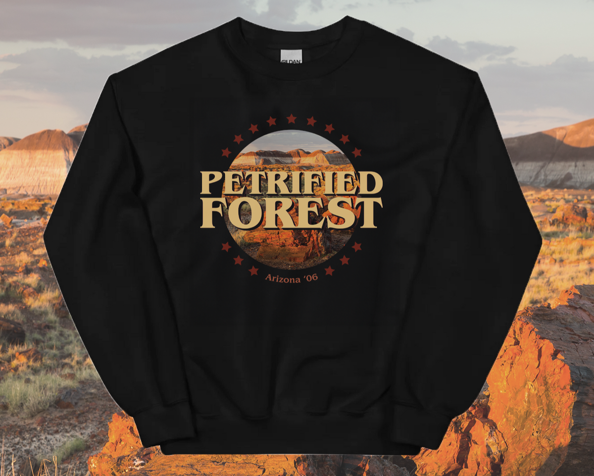 A black sweatshirt with a 'Petrified Forest' graphic design, over a scenic background.