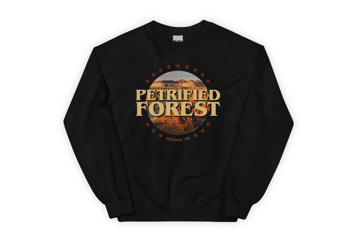 Black sweatshirt with 'Petrified Forest' design on a white background