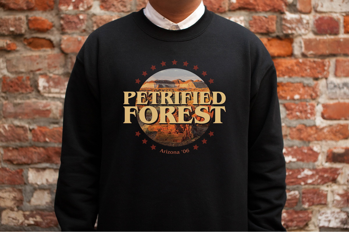 Person wearing a black sweatshirt with 'Petrified Forest' design against a brick wall.