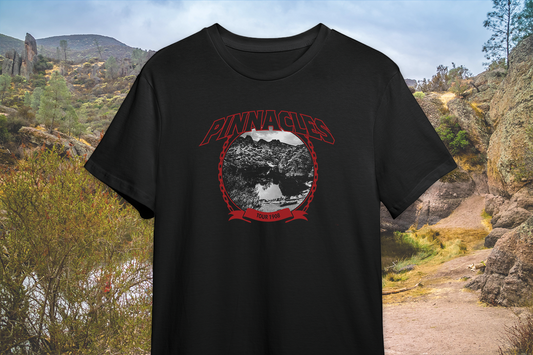 Black t-shirt with a 'Pinnacles' graphic design on a nature background.