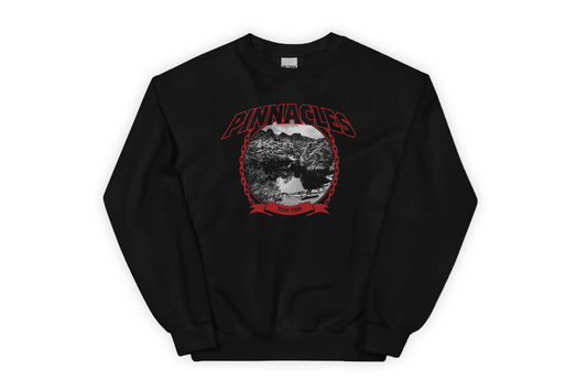 Black sweatshirt with red and white 'Pinnacles' graphic design on a white background