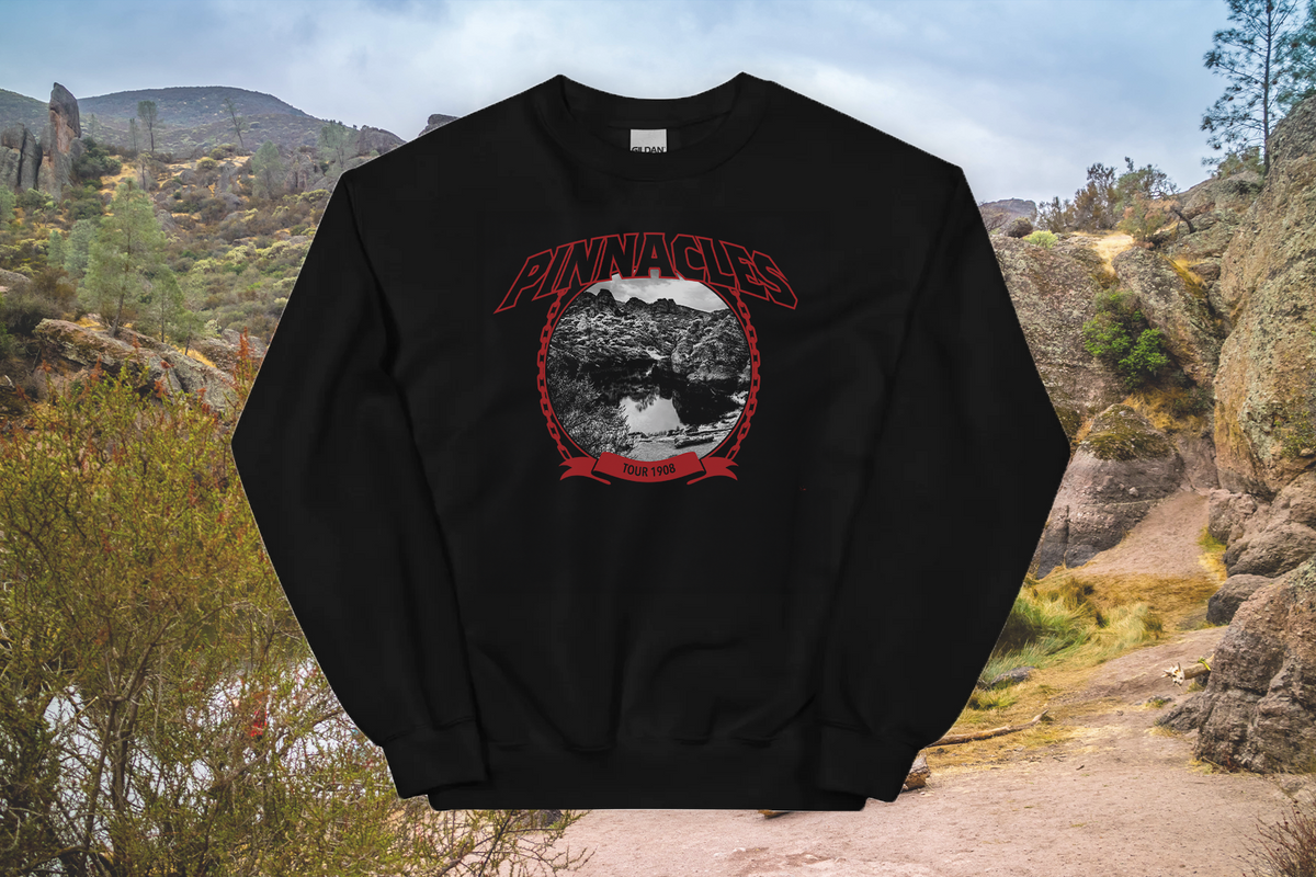 Black sweatshirt with 'Pinnacles' graphic design in a natural setting