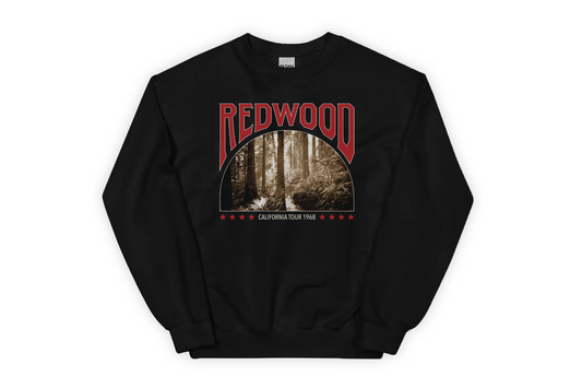 Black sweatshirt with Redwood National Park graphic on a white background