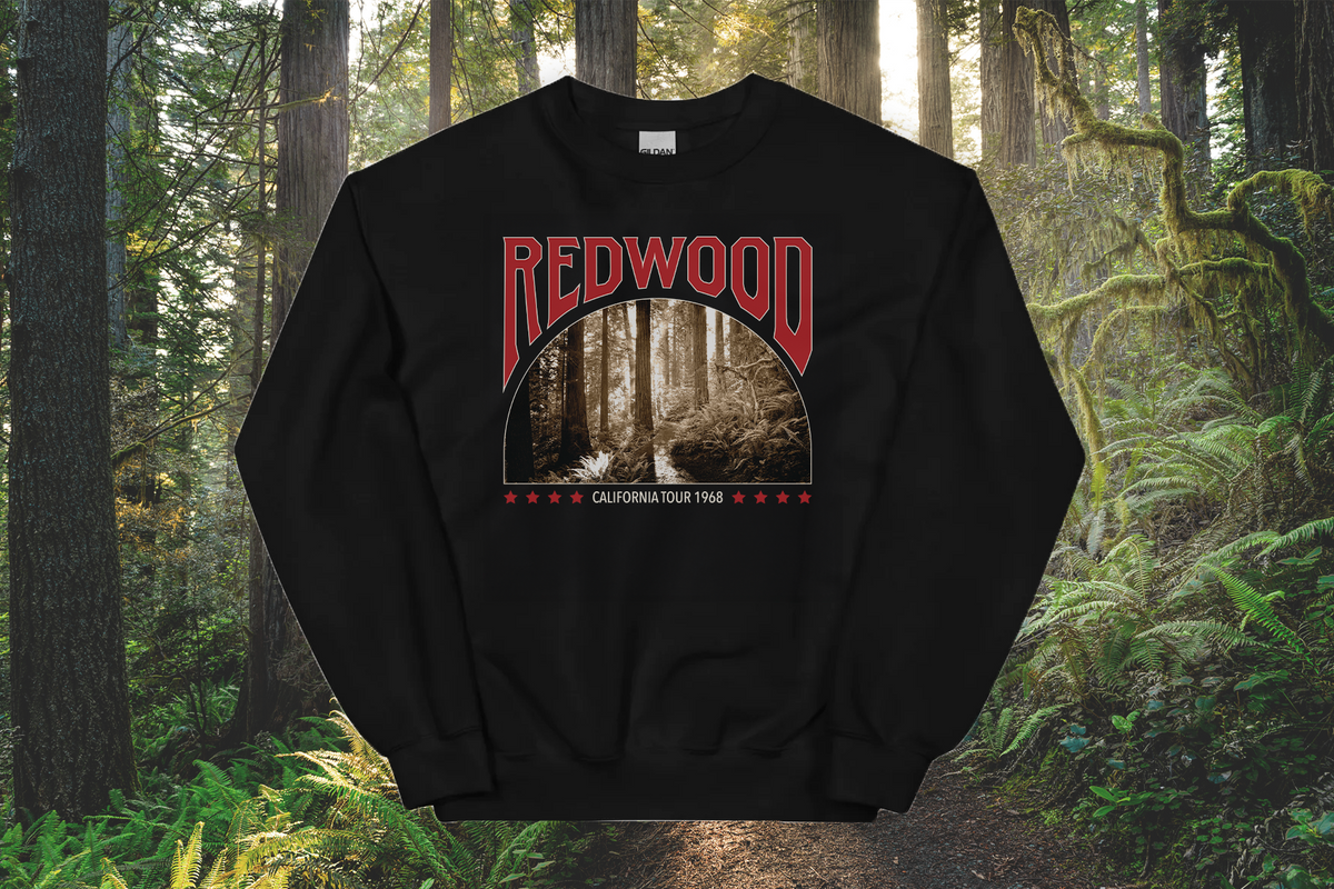 Black sweatshirt with Redwood graphic design in a forest setting