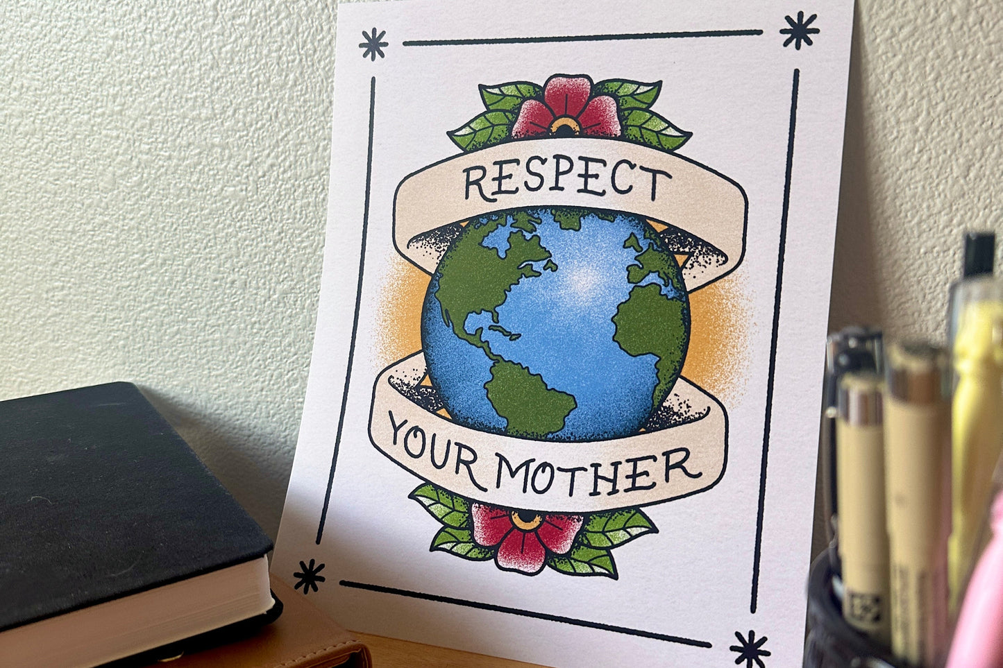 Art print with 'Respect Your Mother' text and Earth illustration on a white background