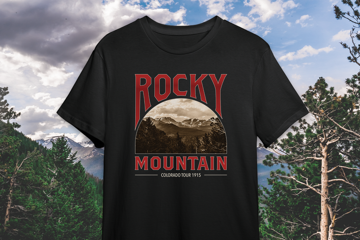 Black t-shirt with 'Rocky Mountain' graphic design against a mountainous background