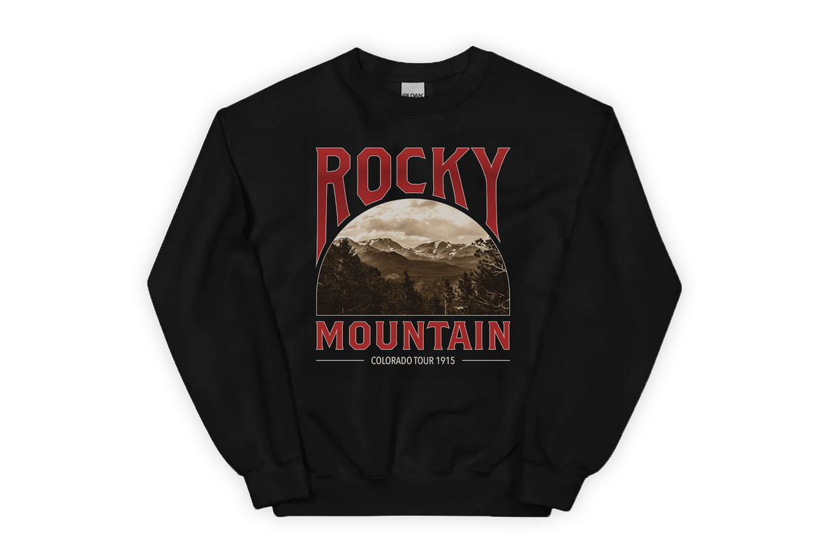 Black sweatshirt with 'Rocky Mountain' graphic design on a white background
