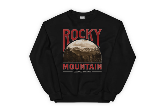 Black sweatshirt with 'Rocky Mountain' graphic design on a white background
